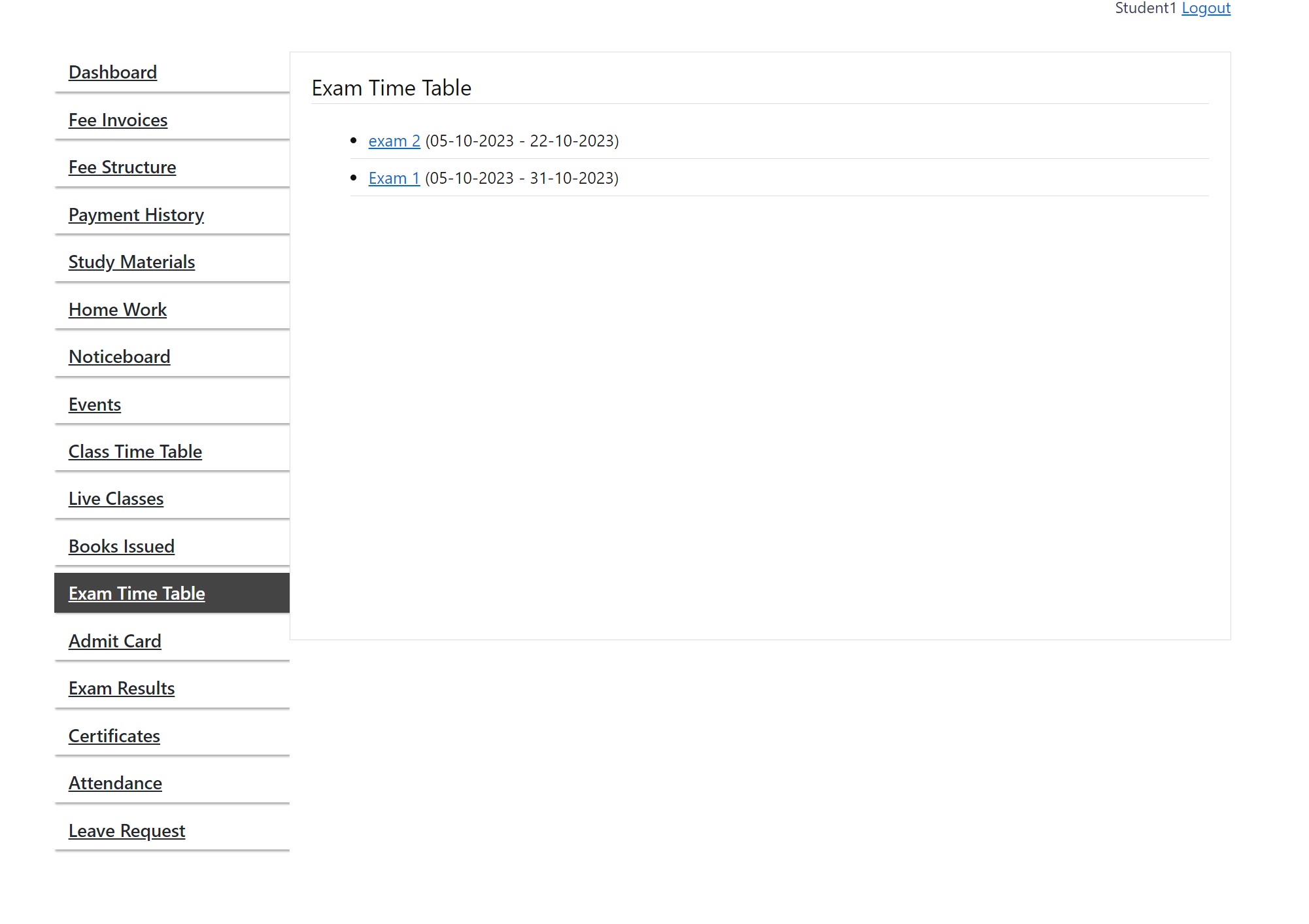 Student Exams Time Table