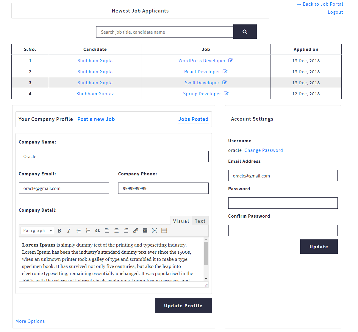 Job Portal Recruiter Dashboard