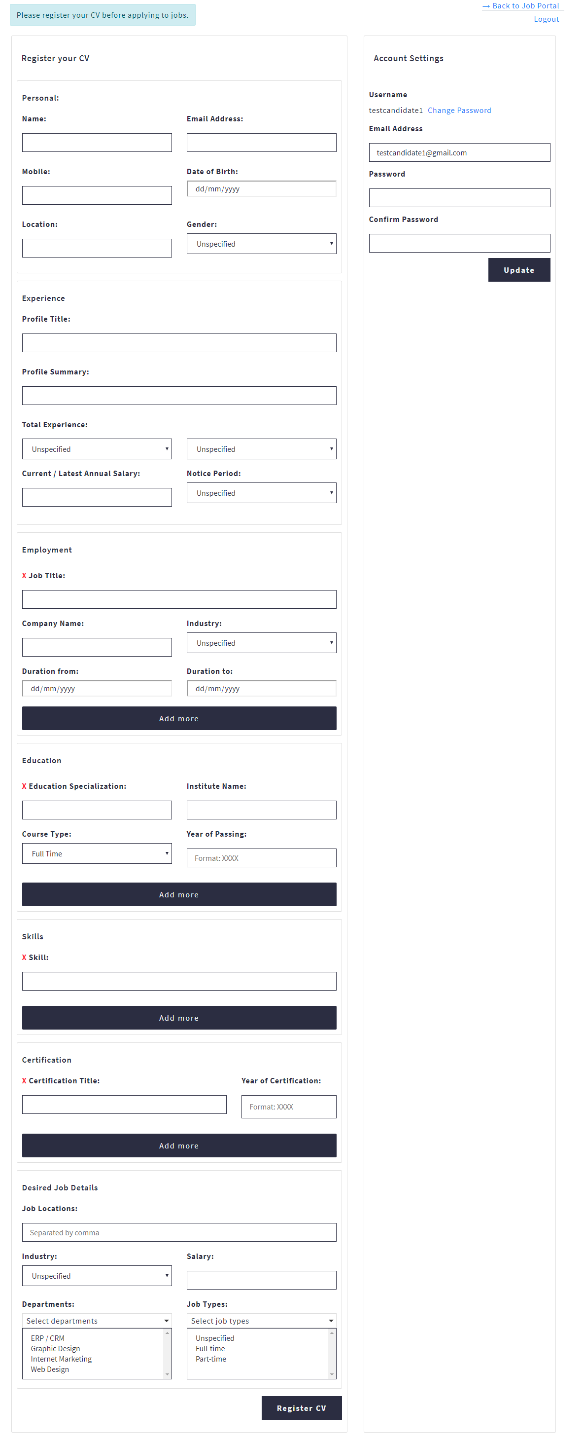 Job Portal Candidate Register CV