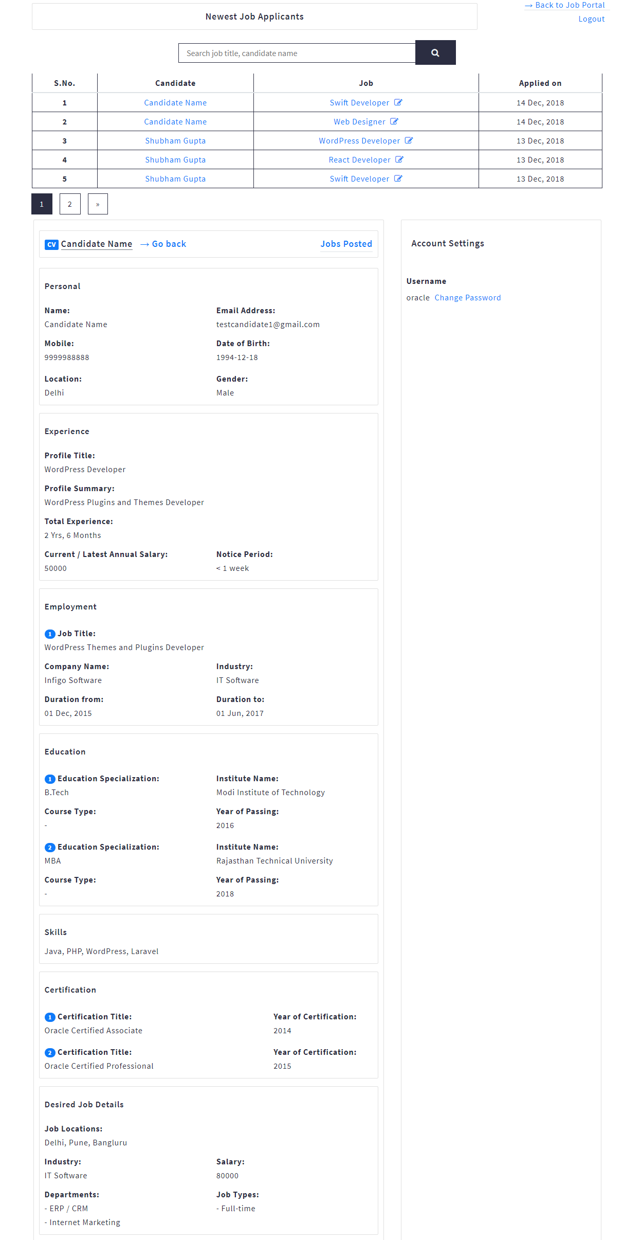 Job Portal Recruiter View Applicants and CV