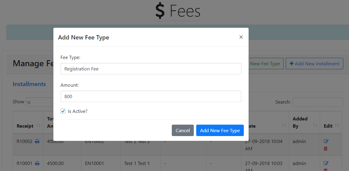 Instittue Management Add New Custom Fee Type