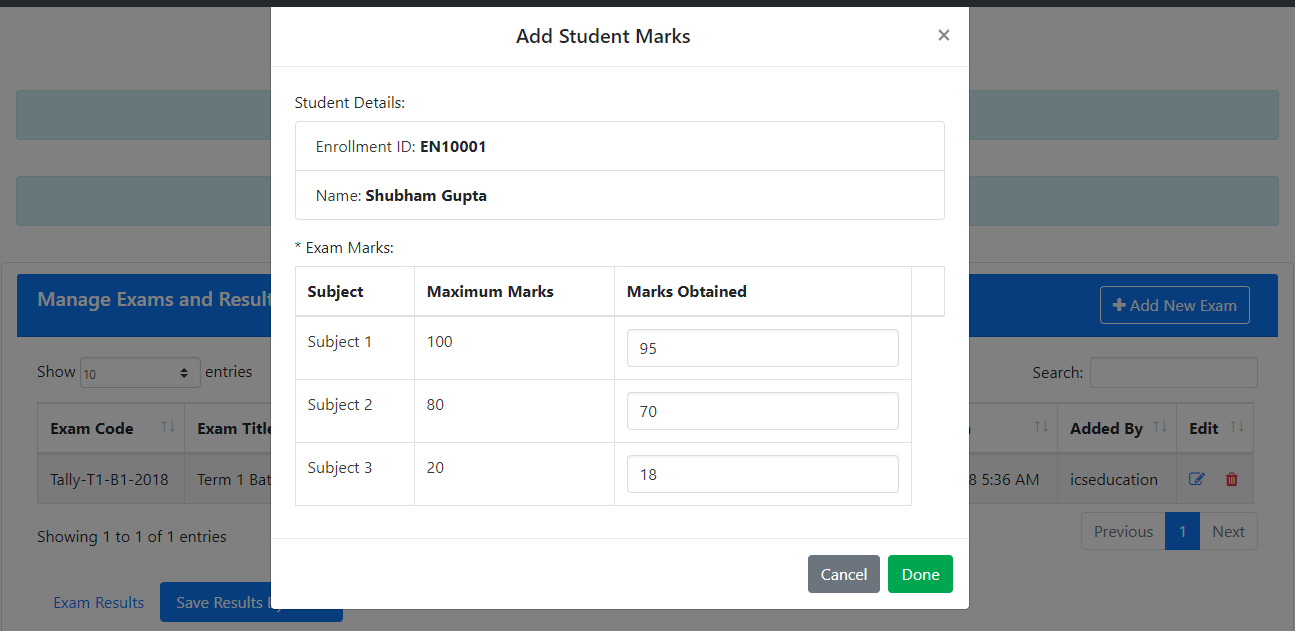 Instittue Management Add Student Marks