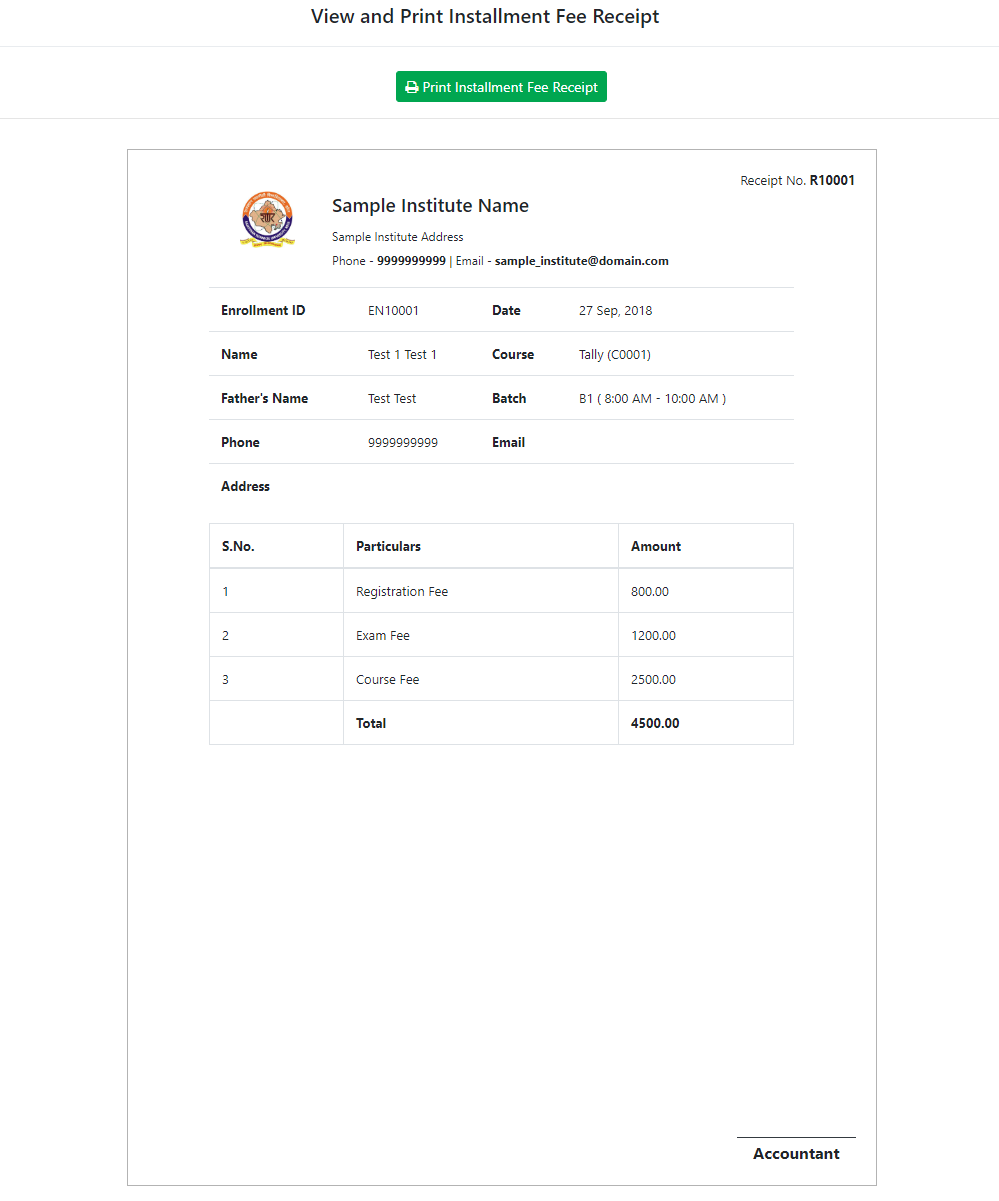 Instittue Management Fee Receipt by Fee Types