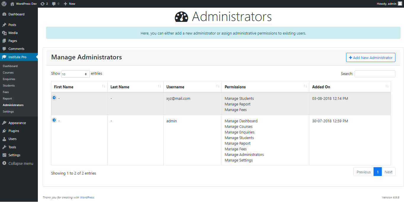 Institute Management Add an Administrator