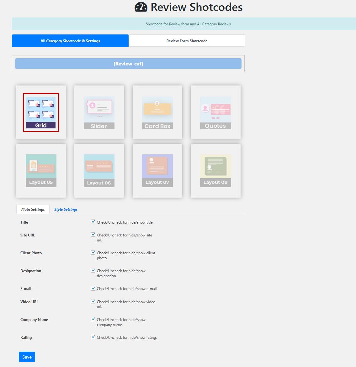 Review Shortcode Panel